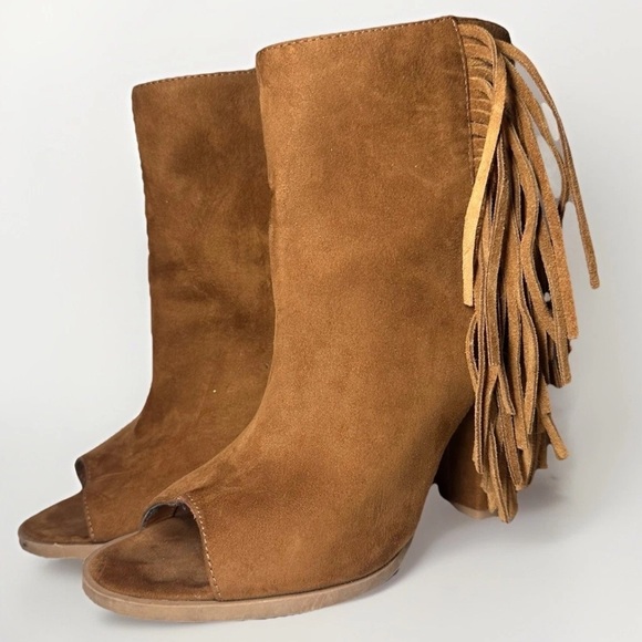 DV Dolce Vita Boots Womens 7.5 Fringe Booties Brown Leather Peep Toe Heeled Boho - Picture 1 of 12
